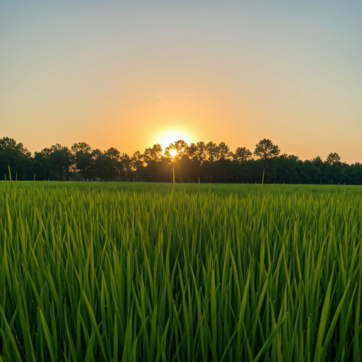 Lush green field at sunrise